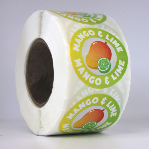 Food flavour labels Round Mango & Lime 40mm stickers, Roll of 500