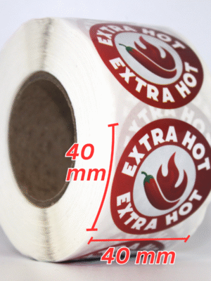 Food flavour labels Round Extra Hot 40mm stickers, Roll of 500