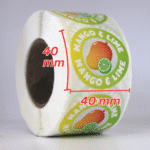 Food flavour labels Round Mango & Lime 40mm stickers, Roll of 500