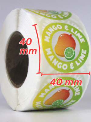 Food flavour labels Round Mango & Lime 40mm stickers, Roll of 500