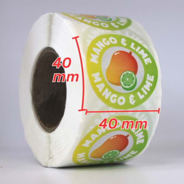 Food flavour labels Round Mango & Lime 40mm stickers, Roll of 500