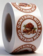 Contains Nuts Labels – Round 40mm Stickers, Roll of 500