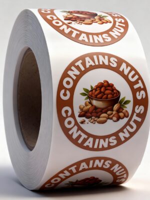 Contains Nuts Labels – Round 40mm Stickers, Roll of 500