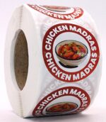 Chicken Madras Labels – Round 40mm Stickers, Roll of 500