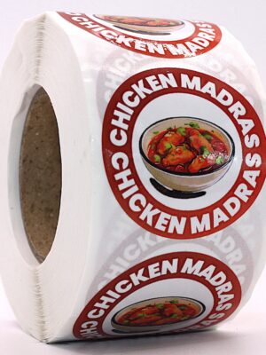 Chicken Madras Labels – Round 40mm Stickers, Roll of 500