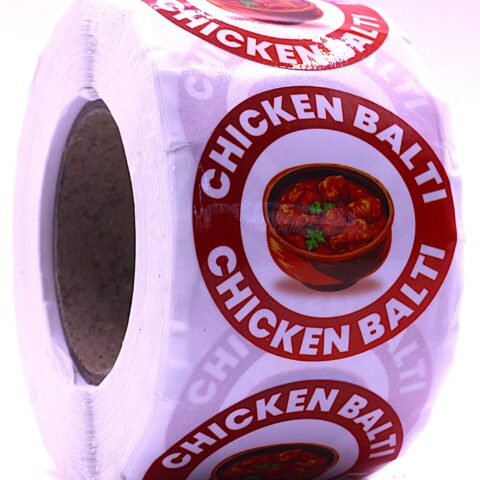 Chicken Balti Labels – Round 40mm Stickers, Roll of 500