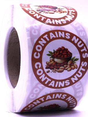 Contains Nuts Labels – Round 40mm Stickers, Roll of 500