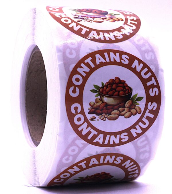 Contains Nuts Labels – Round 40mm Stickers, Roll of 500