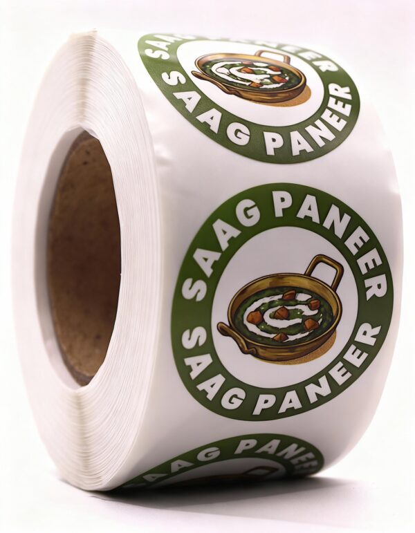 Saag Paneer Labels – Round 40mm Stickers, Roll of 500